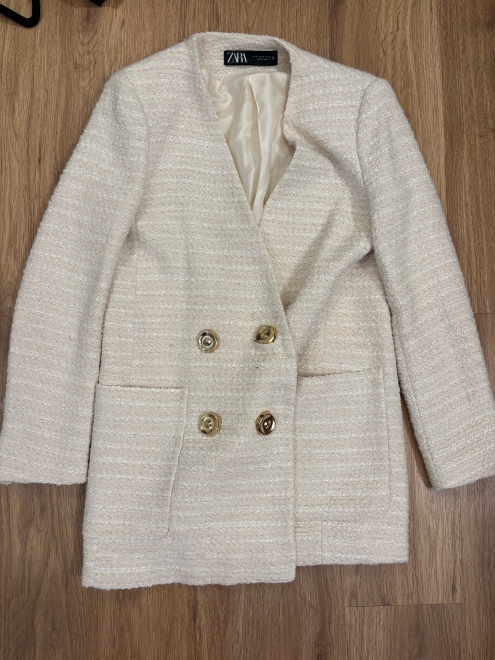 Zara Cream Textured Double-Breasted Blazer Jacket with Gold Buttons